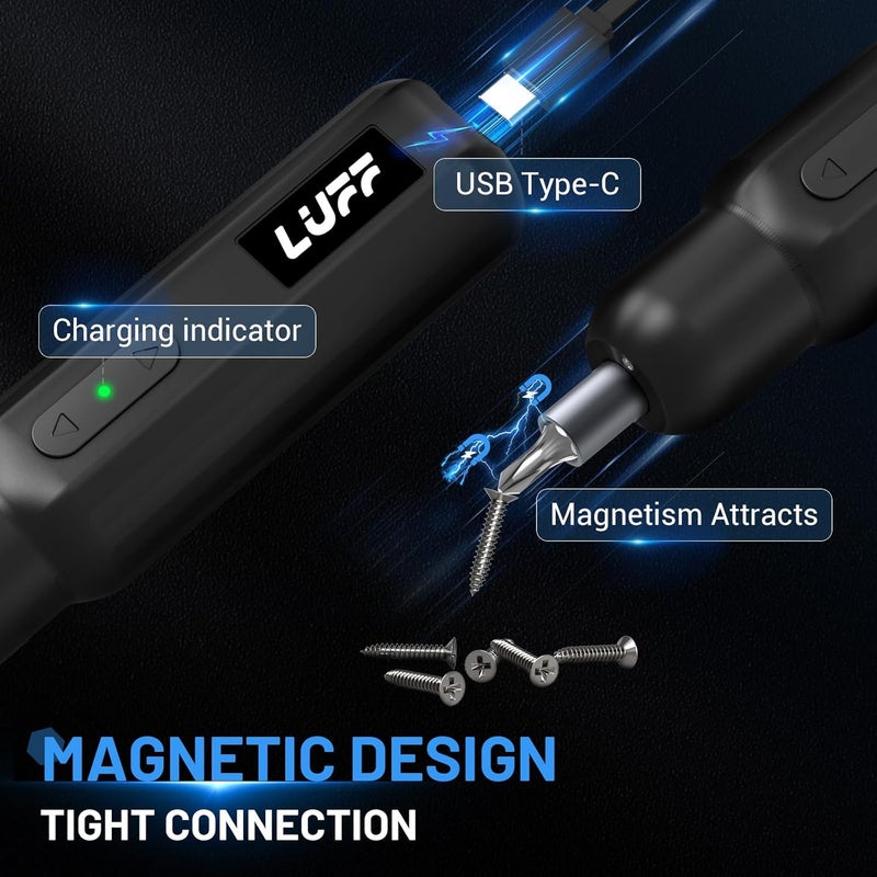 LUFF Electric Screwdriver Set,4V Cordless Rechargeable Screwdriver with 250 RPM Powerful Motor, USB-C, LED, 1 Drill Bit, 12 Bits for Furniture/Electrical - Image 4